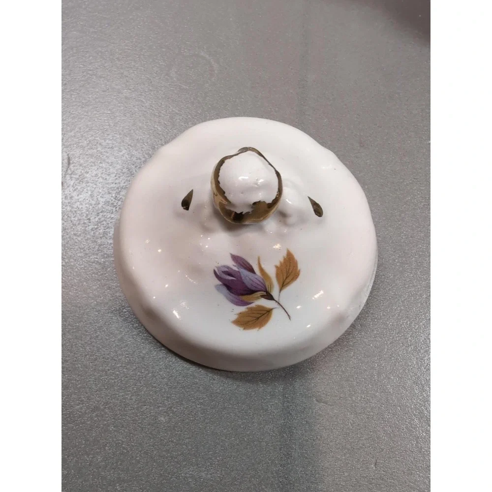 Vintage Porcelain Covered Sugar Bowl Floral Blue Purple Gold Trim Scalloped Edge